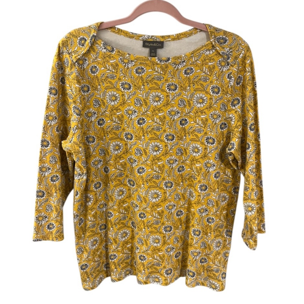 Style & Co. Yellow Floral 3/4 Sleeve Boatneck Top - Picture 2 of 6
